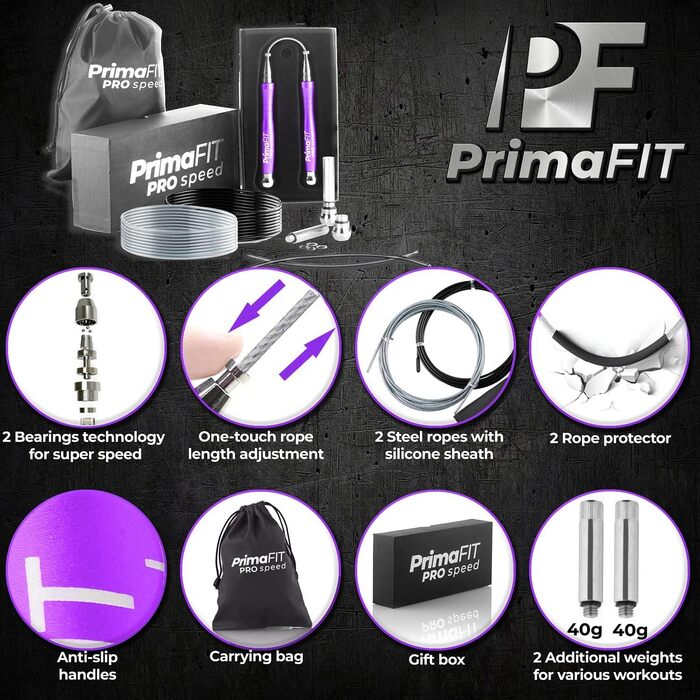 Скакалка PrimaFIT для дорослих, фітнес, професійна, 3м, регульована з обважнювачами, 2 підшипники, антиковзні ручки, для боксу, MMA, кросфіту, сталевий трос, чохол, фіолетова