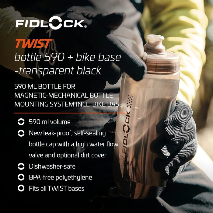 Велосипедна пляшка Fidlock Twist 590 мл, прозора з чорною кришкою, з магнітним кріпленням