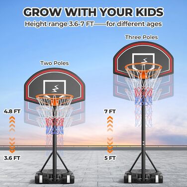 Баскетбольний кошик YOLEO для дітей, регульована висота 1,1-2,1 м, мобільна конструкція, для гри в приміщенні та на вулиці, до 12 років