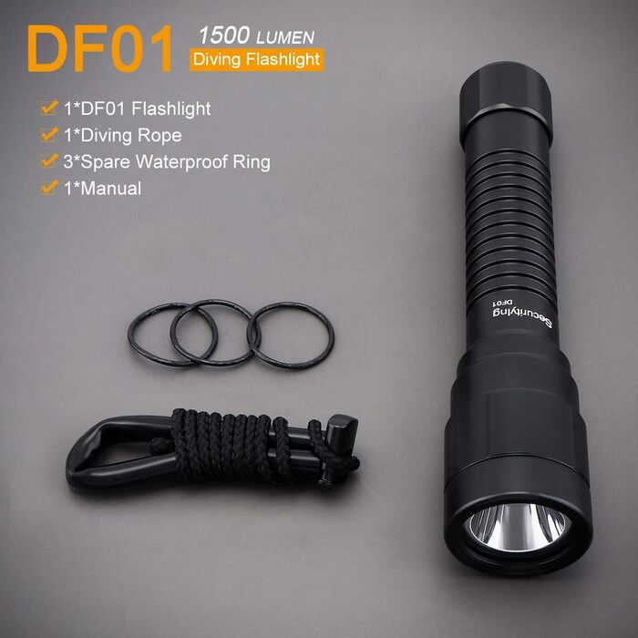SecurityIng DF01 Дайверська лампа для дайвінгу, 1500 люмен, поворотна головка, для підводного плавання, глибина до 150 м, IP68, водонепроникна