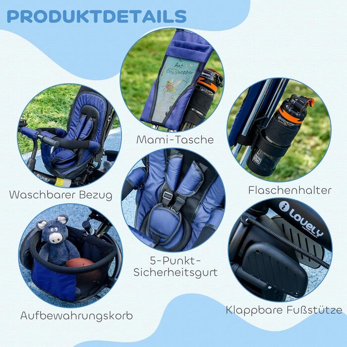 Триколісний велосипед HOMCOM 6-в-1 з батьківською ручкою для дітей 1-5 років (25 кг), з реверсом, кошиком, тримачем для пляшки та сонцезахисним дахом (Темно-синій)