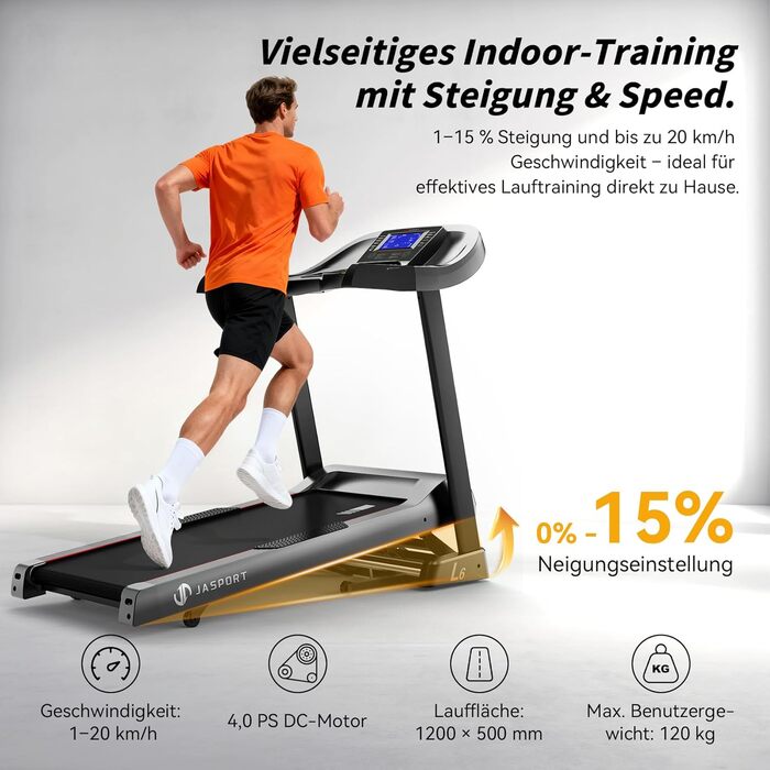 Бігова доріжка L3 для дому, складаний, з тихою амортизацією, Bluetooth, сумісний з Kinomap та Zwift, потужність 4PS, швидкість до 20 км/год, кут нахилу 18%, розмір бігового полотна 1340x480 мм, вантажопідйомність до 120 кг