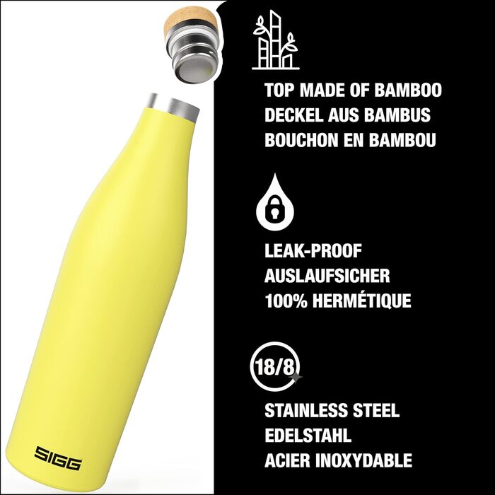 Термос-пляшка SIGG Meridian Ultra Lemon 0,5 л, подвійна стінка, нержавіюча сталь, бамбукова кришка, ізольована, BPA та пластику не містить, герметична, для води та напоїв