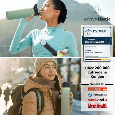 Фляга ACTIVE FLASK з нержавіючої сталі з трубочкою (3 кришки), BPA-free, не протікає, підходить для газованої води - спортивна пляшка, термопляшка, ізотермос, фляга для дітей, чай (680 мл, Sage)