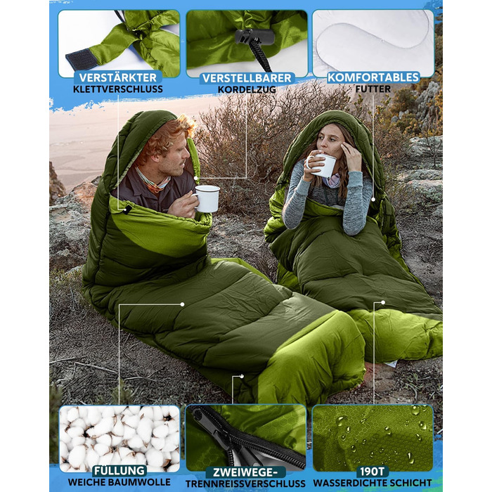 Спальний мішок 3-4 сезони, водонепроникний, ультралегкий, 220*75 см (зелений)