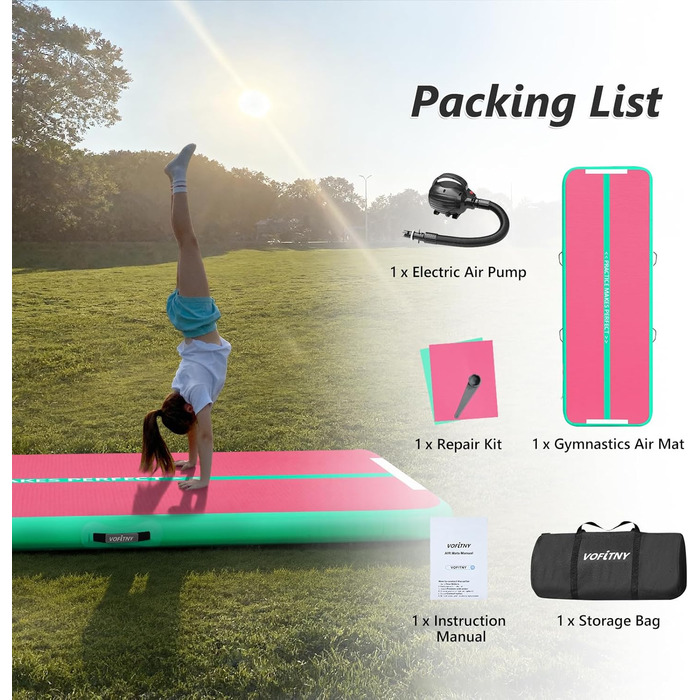 Гімнастичний надувний мат VOFiTNY товщиною 10/20 см для дому, парку, води. Розміри: 3/4/5/6 м. Рожевий/зелений колір.