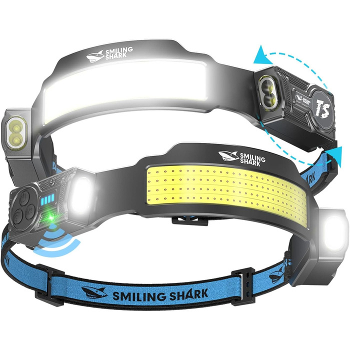 Налобний ліхтар Smiling Shark, 2 шт. Суперяскравий LED налобний ліхтар з регулюванням, датчиком руху, акумулятором 2400 mAh, 5 режимів. Ідеально для бігу, походів, кемпінгу.