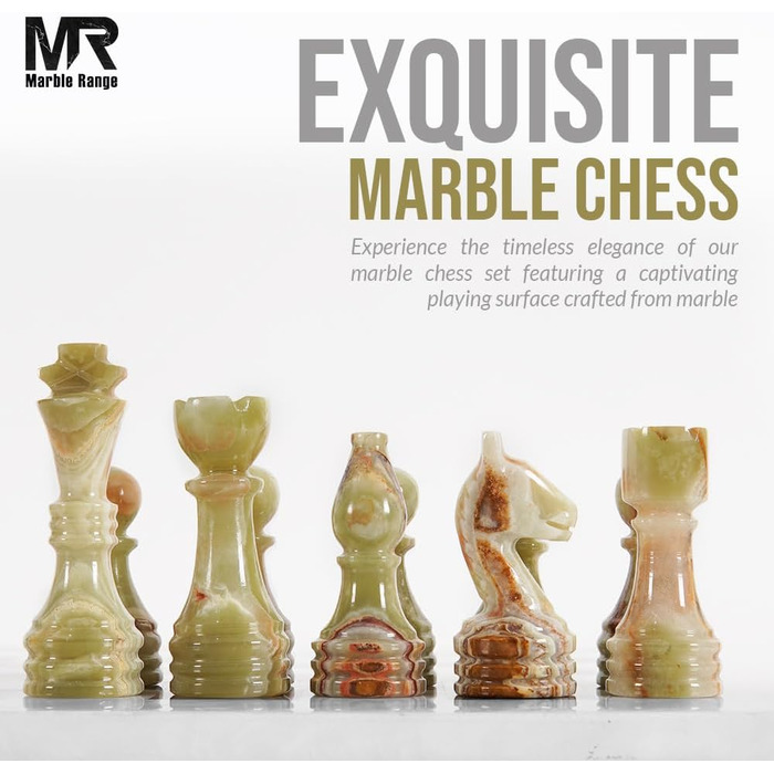 Шаховий набір з мармуру для дорослих, ручної роботи Verona & Green Onyx: ігровий набір з 32 фігурами, 2 додаткові королеви, коробка для зберігання