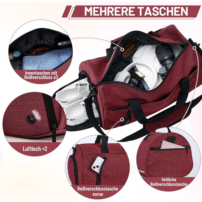 Спортивна сумка 25L для жінок та чоловіків з відділенням для взуття та мокрих речей, водонепроникна, для подорожей, спортзалу, плавання, червона