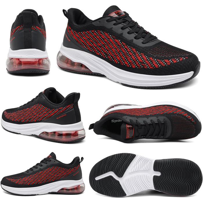 Кросівки для чоловіків та жінок: спортивні, легкі, з повітряною подушкою, для бігу та фітнесу, дихаючі, розміри 36-47 EU, чорний та червоний кольори