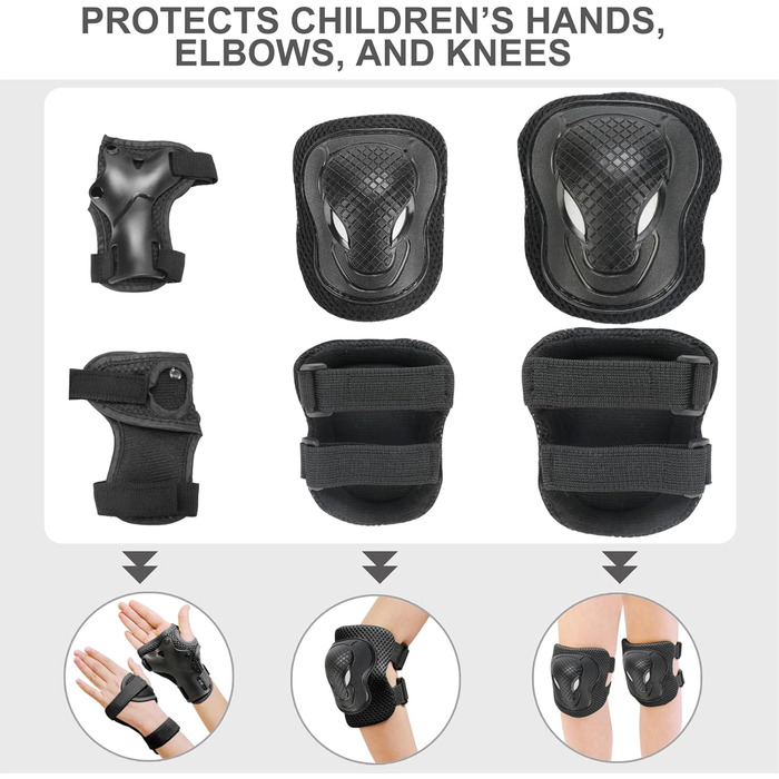 Дитячий шолом KAMUGO з комплектом захисту: наколінники, налокітники, захист для зап'ясть. Підходить для дітей 1-8 років. Ідеально для роликів, скейтборду, велосипеда. Чорний колір.