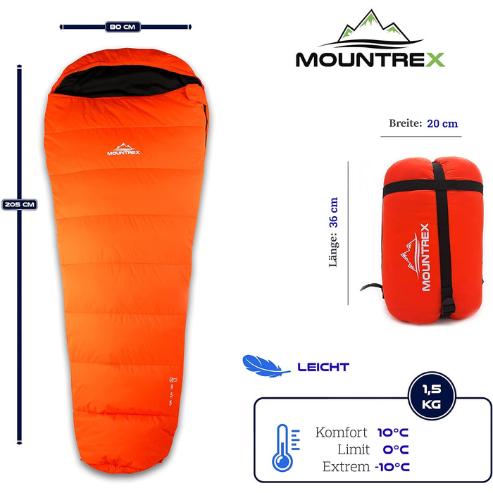 Сплячий мішок MOUNTREX® - ультралегкий, компактний (760г/1500г) - Outdoor, літній, 3-4 сезони (300г/м²) - мішковидний, для кемпінгу, подорожей, фестивалів - теплий, з'єднувальний (Orange, 3 сезони - 1500г (RV Links))