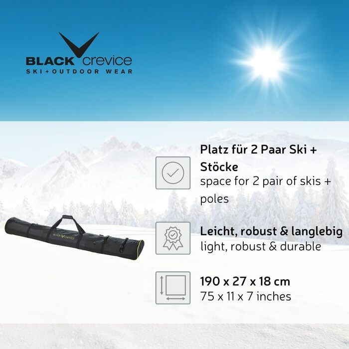 Чохол для лиж Black Crevice з роликами для 2 пар лиж і палиць, поліестер, двостороння блискавка, ручки для перенесення, чорний/жовтий, для чоловіків та жінок