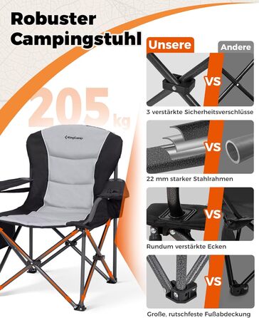 Крісло для кемпінгу KingCamp XXL, 205 кг, чорне, з регульованою спинкою, підсклянник та кишеня для напоїв