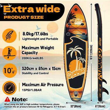 Набір SUP-дошки ALLPICK Premium: надувна дошка для сапсерфінгу з кріпленням для камери, повний комплект аксесуарів, регульоване весло, для початківців та досвідчених, 200 кг (Колір: Захід сонця - Оранжевий)