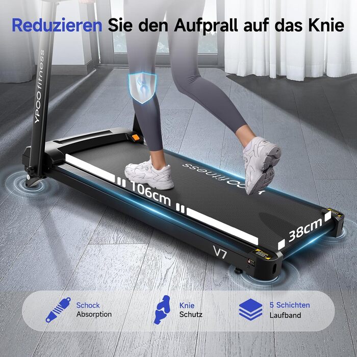 Біговий тренажер YPOO для дому, складаний з нахилом 8%, тихий до 13 км/год з великою поверхнею для бігу, 2.5 HP з LED-дисплеєм та APP, максимальне навантаження 140 кг