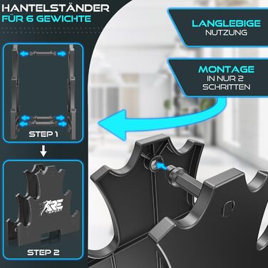 Набір гантелей RE:SPORT® 12 кг з підставкою та фітнес-гумками | 3 пари гантелей 1-5 кг, 12 кг або 18 кг | Нековзкі гантелі з неопрену для жінок та чоловіків | Кольори: бірюзовий/сірий/темно-синій