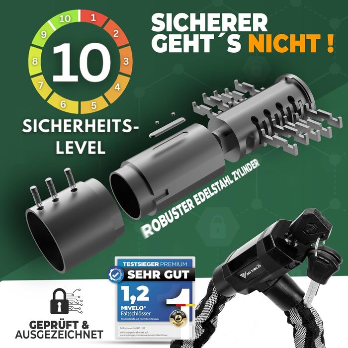 Замок для велосипеда MIVELO Kettenschloss: висока безпека, 100 см, сталь 8 мм, з ключем та LED-ліхтариком | Захист для E-bike, MTB, шосе