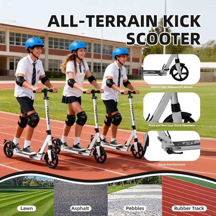 Міський роликовий самокат FREEDARE для дітей та дорослих. Складаний, з колесами 200 мм, регулювання висоти, до 100 кг, білий + сумка для транспортування