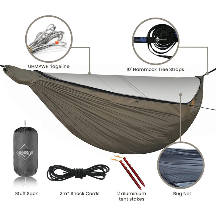 Гамак Onewind Premium 11' для кемпінгу з москітною сіткою та ременями для кріплення, 366x162 см