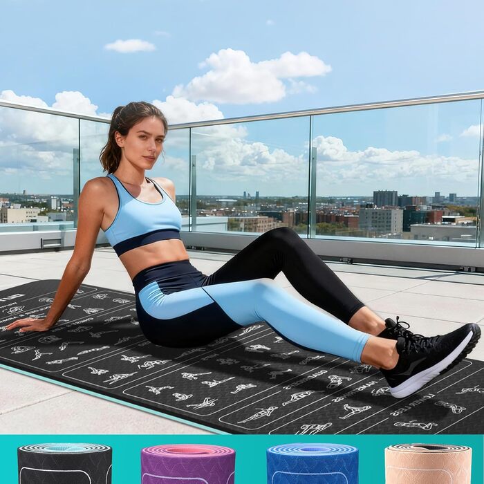 Килимок для йоги спортивний – 70 надрукованих поз, неслизький матеріал TPE, для гімнастики, пілатесу, дому та подорожей, фітнес килимок для жінок та чоловіків, 181x63x0,6 см (зелений та чорний)