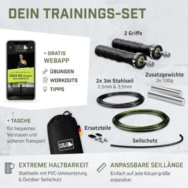 Скакалка Wild Instincts Profi, сталева, 3м, з підшипниками, антиковзкі ручки, додаткові обважнювачі, у комплекті чохол, для фітнесу, дорослих