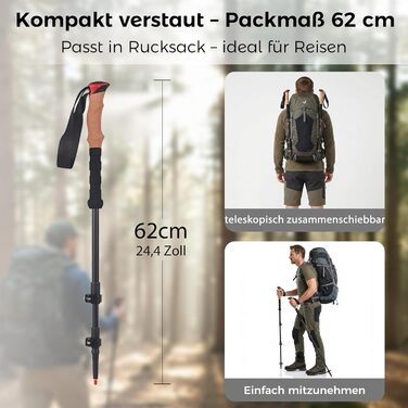 Комплект карбонових палиць для скандинавської ходьби та трекінгу (2 шт), ультралегкі, регульовані 62–135 см, з корковими ручками, для чоловіків та жінок