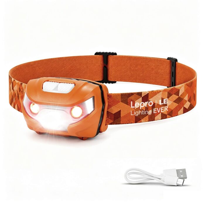 Аккумуляторний налобний ліхтар Lepro LED 1300 Lux, USB-C зарядка, 5 режимів роботи (Помаранчевий)
