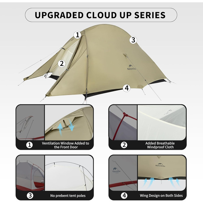 Намет Naturehike Cloud Up Pro 2 особи, легкий туристичний намет для кемпінгу, вітро- та водонепроникний, колір хакі