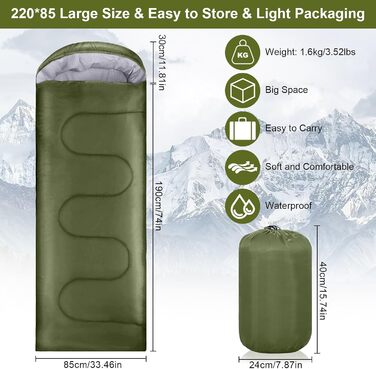 Спальний мішок Grüner, 220x85 см, водонепроникний, 3 сезони, 1.6 кг, для внутрішнього та зовнішнього використання