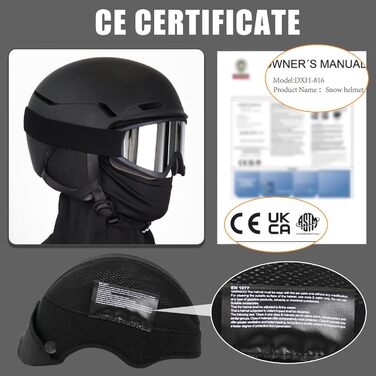 Шолом для сноуборду та гірських лиж з маскою, DXH816. Знімне кріплення, дихаючий, захист від ударів, UV-захист, регульований. Чорний матовий.