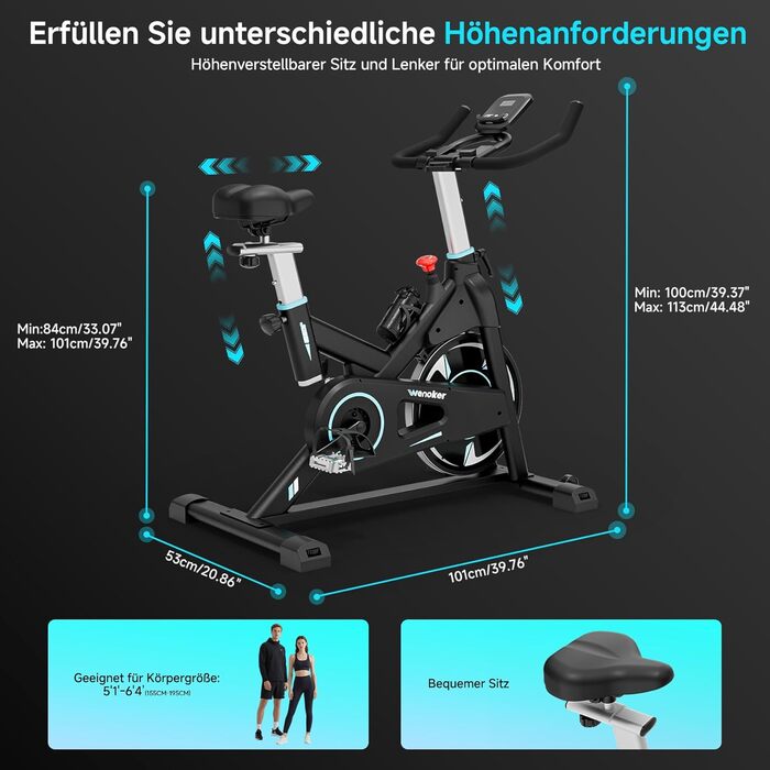 Велотренажер Wenoker з APP, магнітний опір, для дому, Indoor Bike, LCD-дисплей, вантажопідйомність 160 кг, турквіс