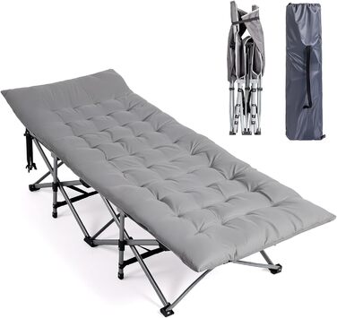 Розкладне ліжко Bonnlo для кемпінгу з матрацом – ліжко для риболовлі, відпочинку на природі, у саду, на пляжі, 190×71x36 см, сірий