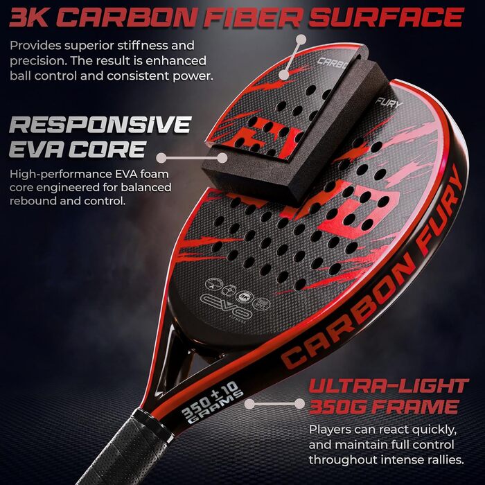 Ракетка для падел EVO Fitness Carbon – легка (350г), з м'яким EVA-керном для контролю, велика площа (525 см²) для дорослих