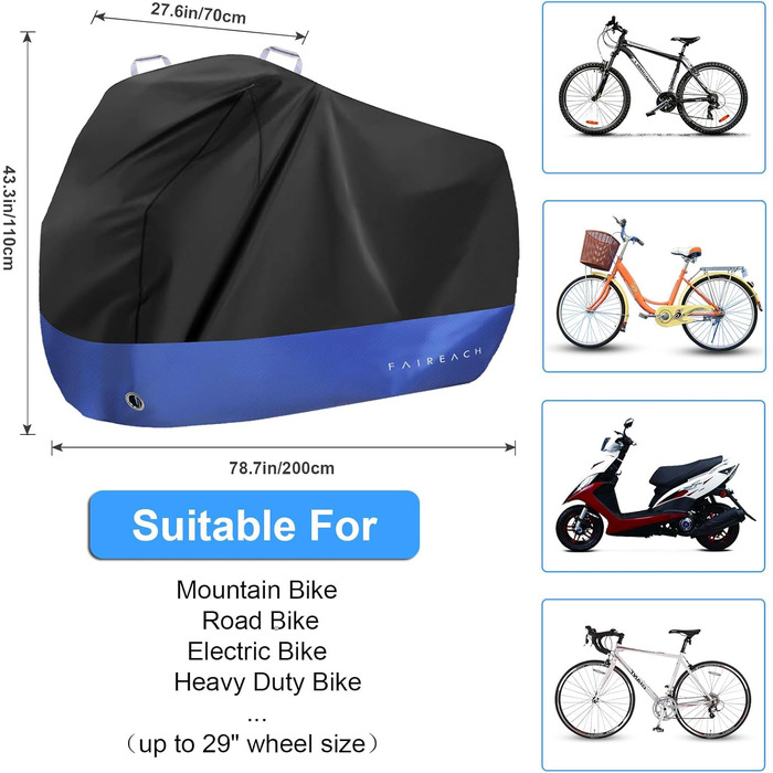 Водонепроникний чохол для велосипеда, преміум-якість 210D, захист від пилу, дощу, снігу, UV, з отворами для замка та сумкою, для всіх типів велосипедів, чорний+синій, для 1 велосипеда