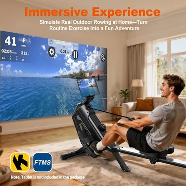 Магнітний тренажер для rowing (гребний тренажер) для дому з 16 рівнями навантаження, підтримкою APP, максимальна вага користувача 160 кг, компактний, чорний