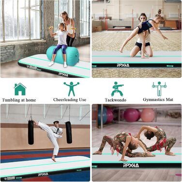 Гімнастична мат Air Matte Track 3M/4M/5M/6M, мат для стрибків та гімнастики 10/20см заввишки з повним аксесуаром, надувна гімнастична мат для дому та вулиці, йога (М'ятно-чорний, 400*100*10см)