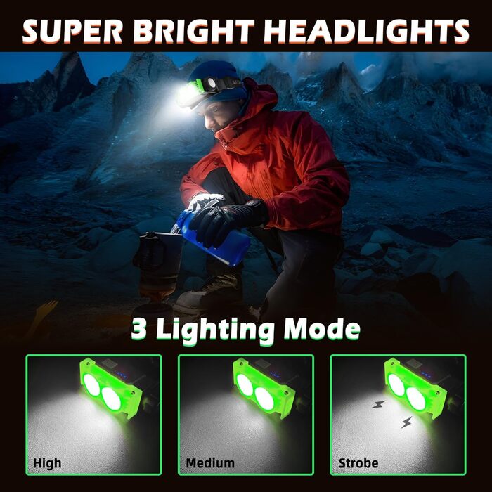 LED налобний ліхтар, 2 шт., 2000 люменів, перезарядна копія, 3 режими, водонепроникний, для риболовлі, бігу, кемпінгу (зелений)