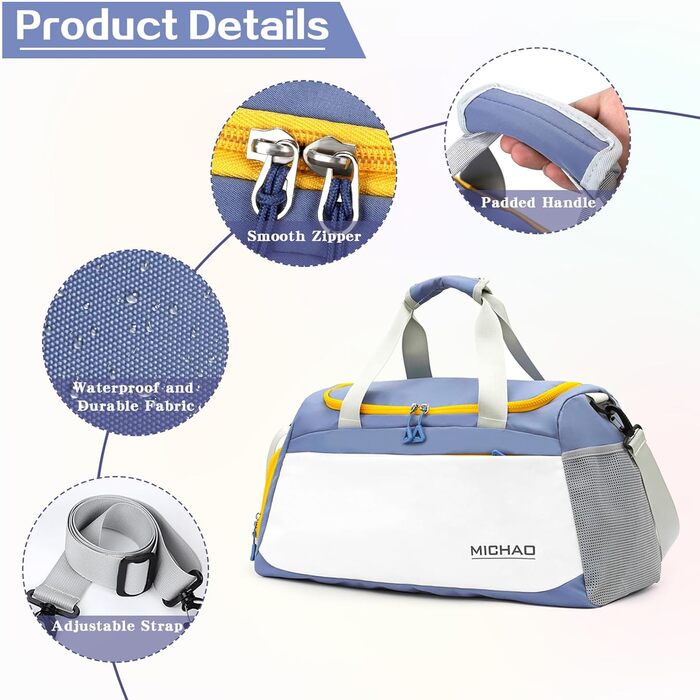 Спортивна сумка-рюкзак для подорожей та спорту, 48x23x27 см, з відділенням для взуття та мокрих речей, водонепроникна, для жінок та чоловіків (білий+синій)