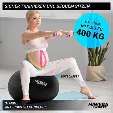 Гімнастичний м’яч Miweba Sports GB-100, 65 см, до 400 кг, чорний, PVC, ергономічний фітнесбол для тренувань, офісу та сидіння