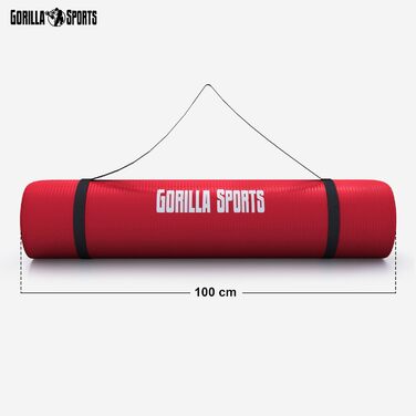 Килимок для йоги та фітнесу GORILLA SPORTS, 190x100x1,5 см, червоний, нековзкий, без фталатів, з ременем для перенесення