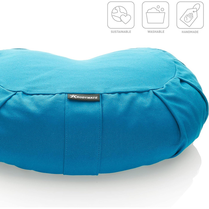 Подушка для йоги та медитації BODYMATE Halbmond 42x30x15 см, блакитна - гречане лушпиння, бавовняний чохол (прати в машині)