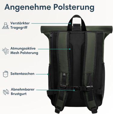 Жіночий рюкзак LARKSON Rolltop, зелений, великий, для школи, університету, велосипеда, з відділенням для 16-дюймового ноутбука, водовідштовхувальний, антивикрадний, екологічний