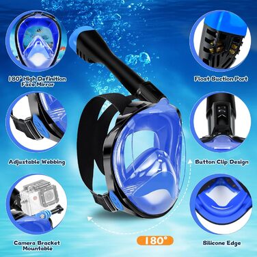 Набір для снорклінгу та дайвінгу для дорослих: маска-половинка, ласти, чохол. Широкий огляд 180°, фіксація камери, регульовані ласти