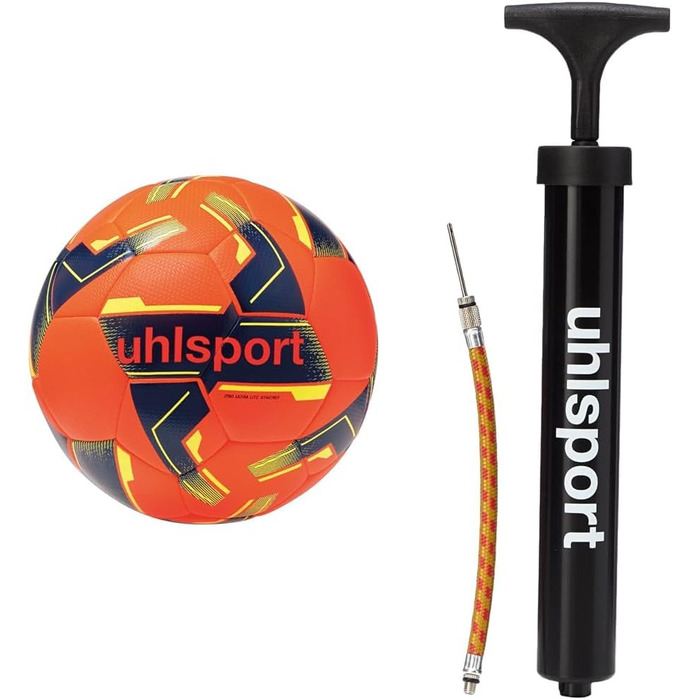Дитячий футбольний м’яч Uhlsport 290 Ultra Lite Synergy для тренувань та ігор, до 10 років, флуо-оранжевий/темно-синій, розмір 4, комплект з насосом