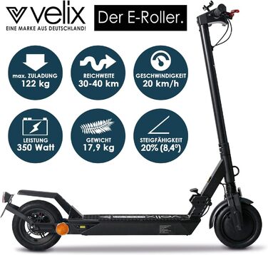 Електросамокат Velix E-Kick V2021, 20 км/год, 40 км, складаний, з допуском до доріг, навантаження 122 кг