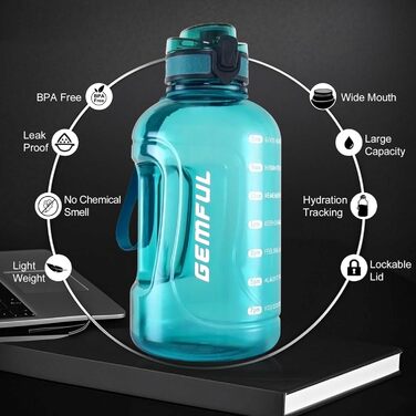 Фляга спортивна 2л GEMFUL з мітками часу - BPA Free, без витоку, з ручкою для фітнесу, офісу та відпочинку на природі