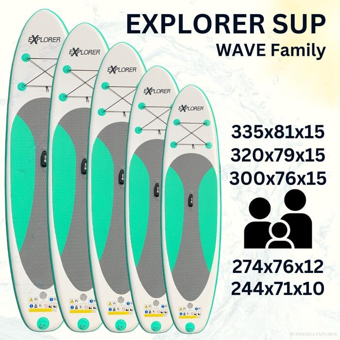 Дошка для SUP-серфінгу EXPLORER Wave, надувна, для дітей і дорослих, м'ятна, 244-335 см, до 160 кг, комплект із веслом, рюкзаком, насосом, плавником і ремкомплектом