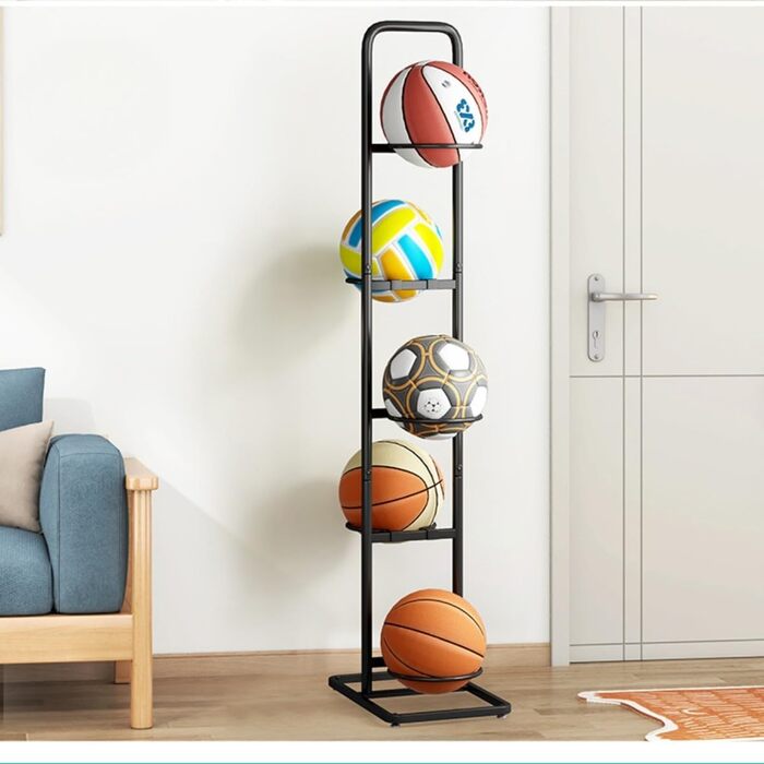 Стійка для м'ячів: сталева стійка для зберігання баскетбольних, футбольних та волейбольних м'ячів (5 тримачів) - економія місця, легка збірка, для внутрішнього та зовнішнього використання