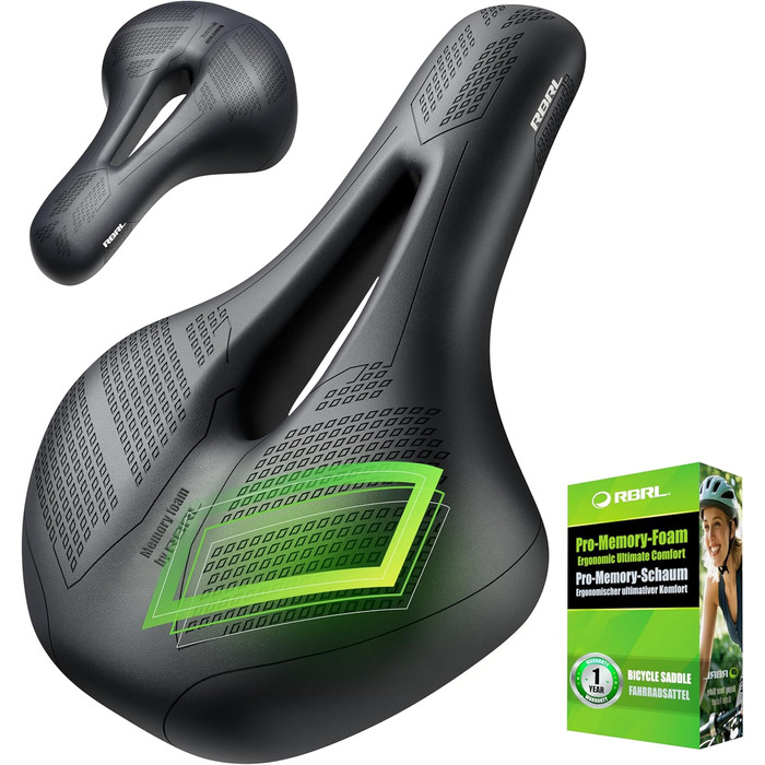 Велосипедне сідло RBRL – Комфортне широке сідло з піною Memory Foam та подвійною амортизацією, водонепроникне, для MTB, BMX, шосе та трекінгу, ергономічне